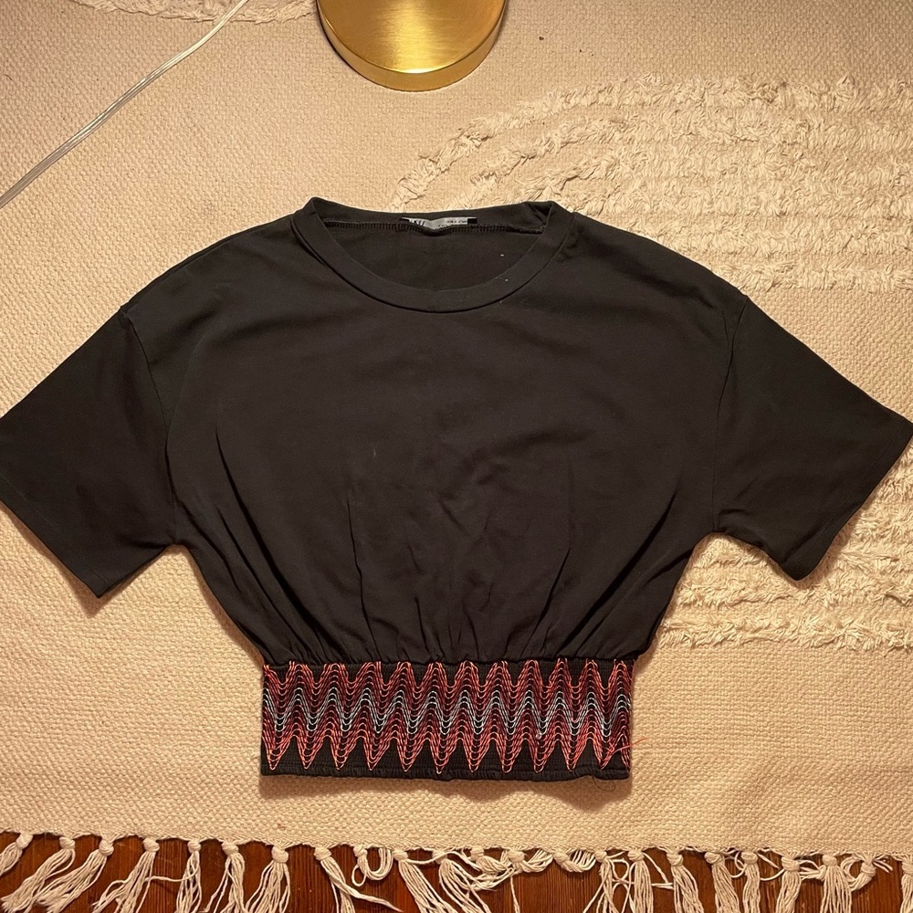 Zara Cropped Black Tee with Cinched Threaded Waist